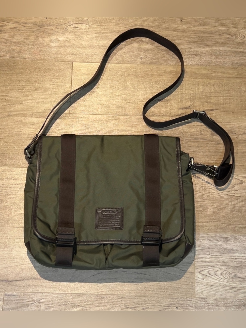 Coach Lane Messenger In Signature Nylon Green & Brown Bag